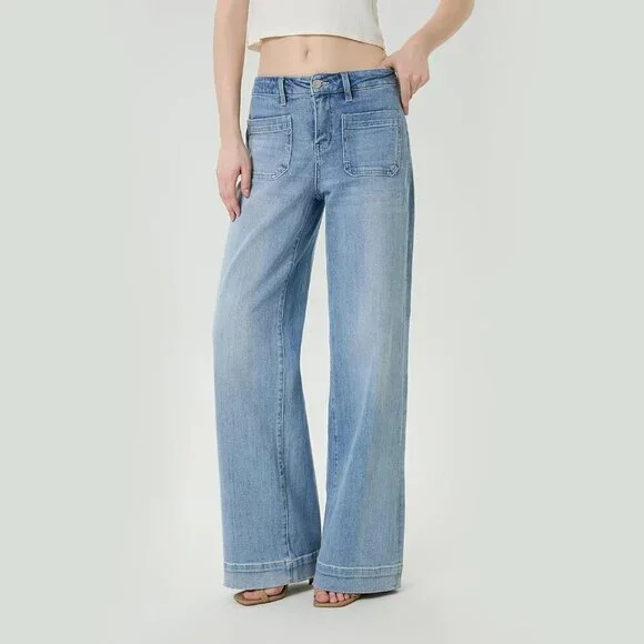 Women Jeans Wide Leg High Rise Stretchy Loose Baggy Casual Trousers - Picture 3 of 7